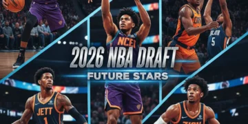 Dynamic collage of top 2026 NBA Draft prospects in action, showcasing future NBA talent.