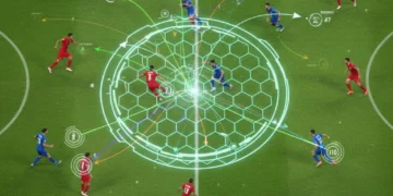 Advanced football analytics transforming game decisions on a digital soccer field.