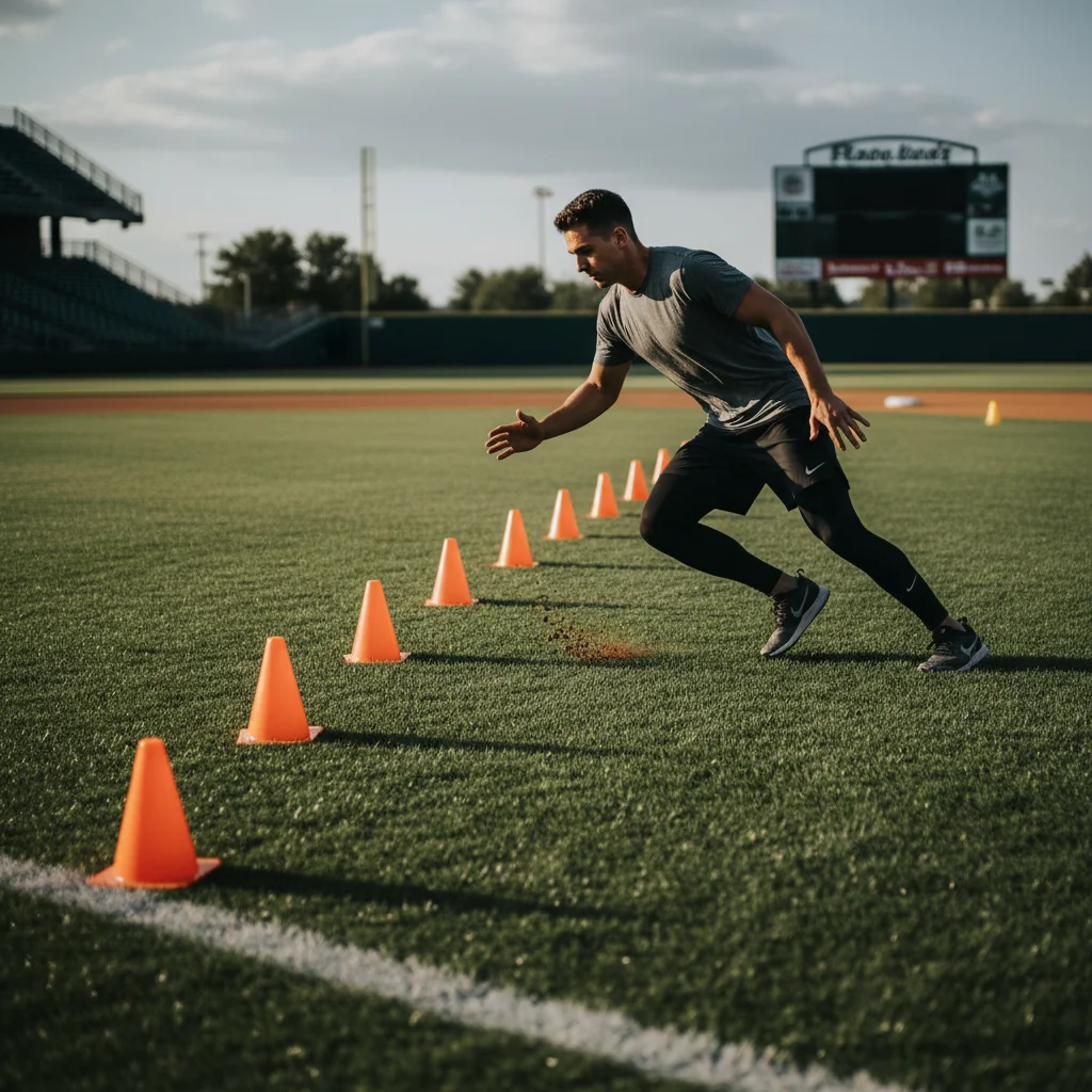 Baseball player performing agility cone drills for improved outfield movement.
