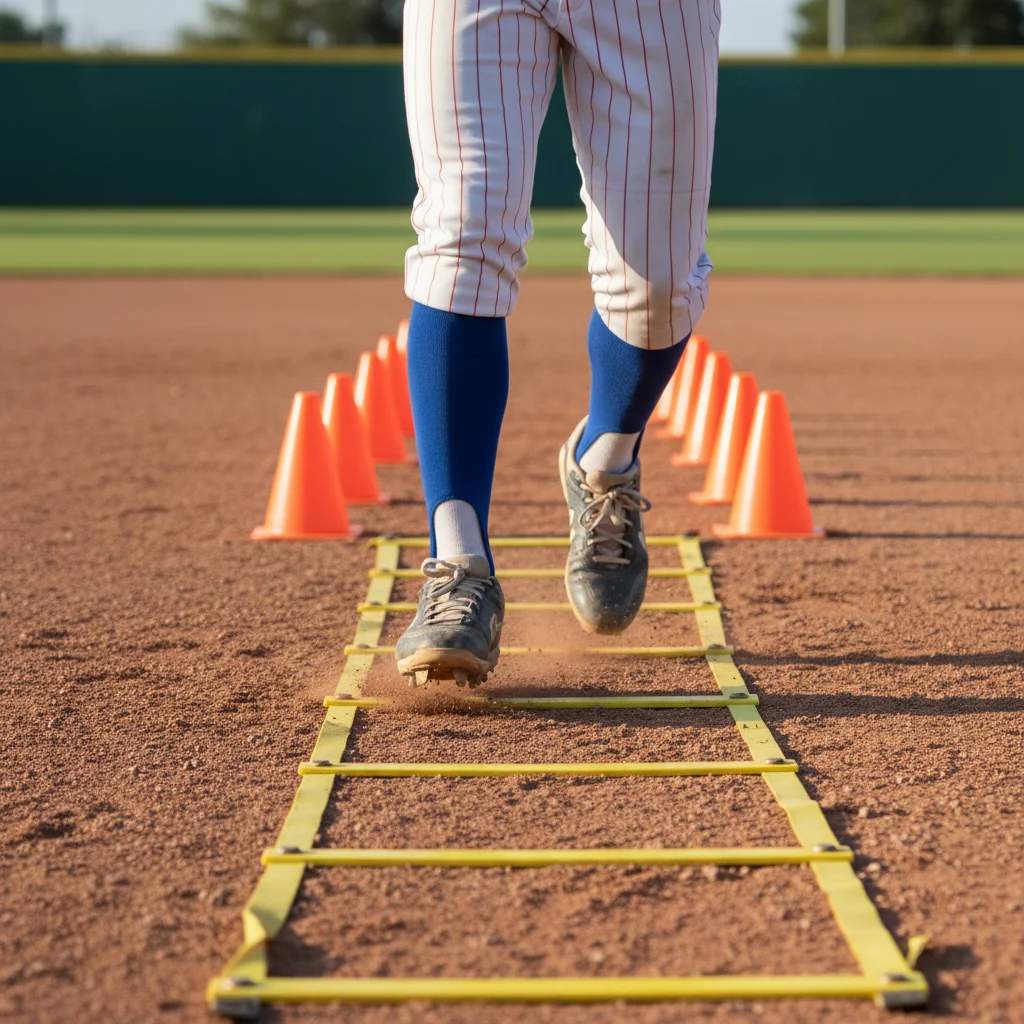 Baseball player's feet performing agility ladder drill for quickness