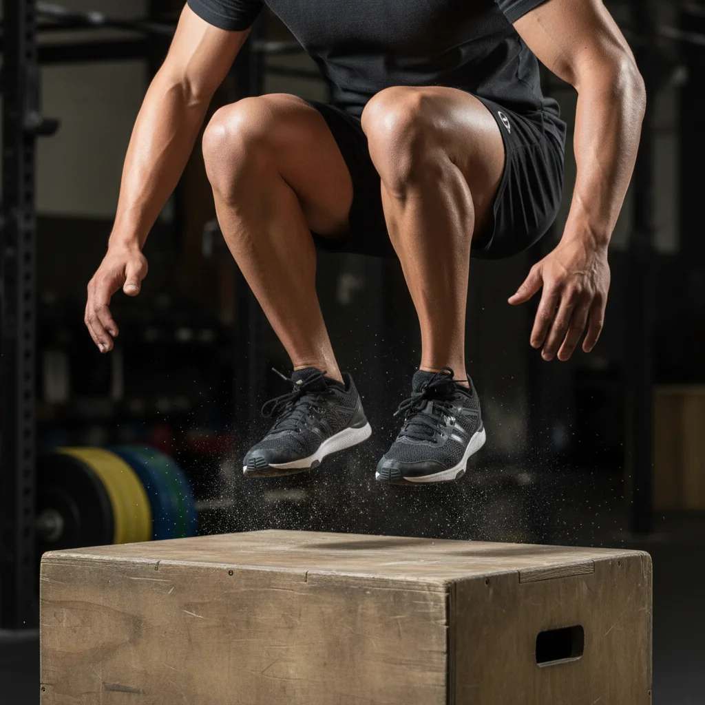 Athlete performing explosive box jumps for vertical leap improvement