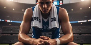 Young athlete contemplating challenges on the bench during their second professional year.