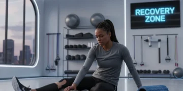 Athlete stretching with foam roller after intense game