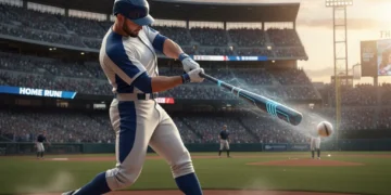 Baseball player hitting ball with new bat technology, high exit velocity