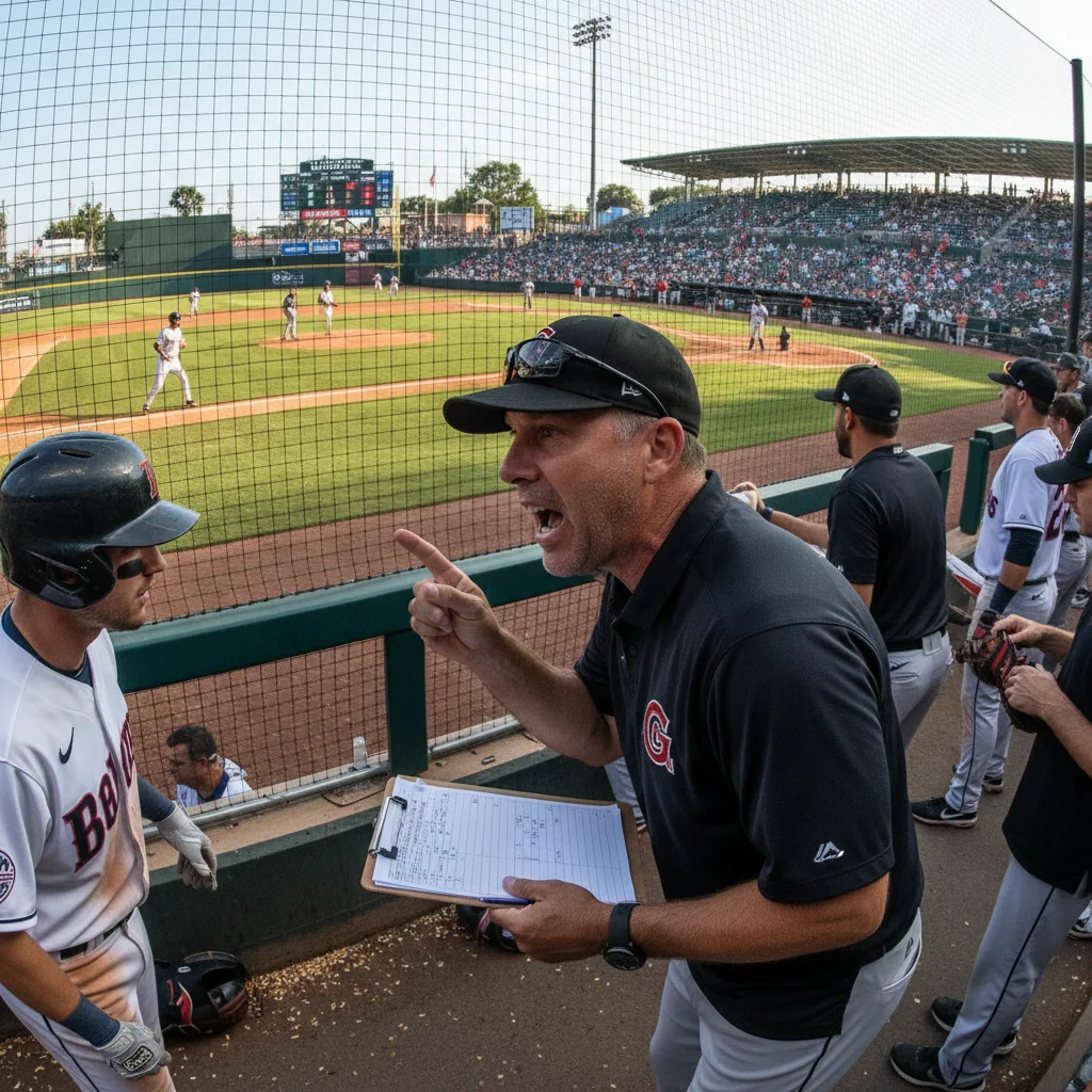 Baseball coach strategizing with a player in the dugout