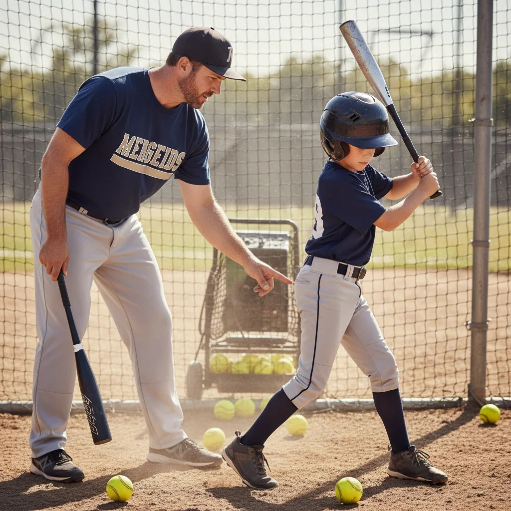 Baseball coach teaching proper swing mechanics to young player