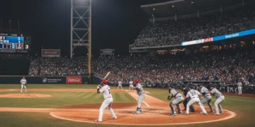 Baseball infield with players in a defensive shift formation