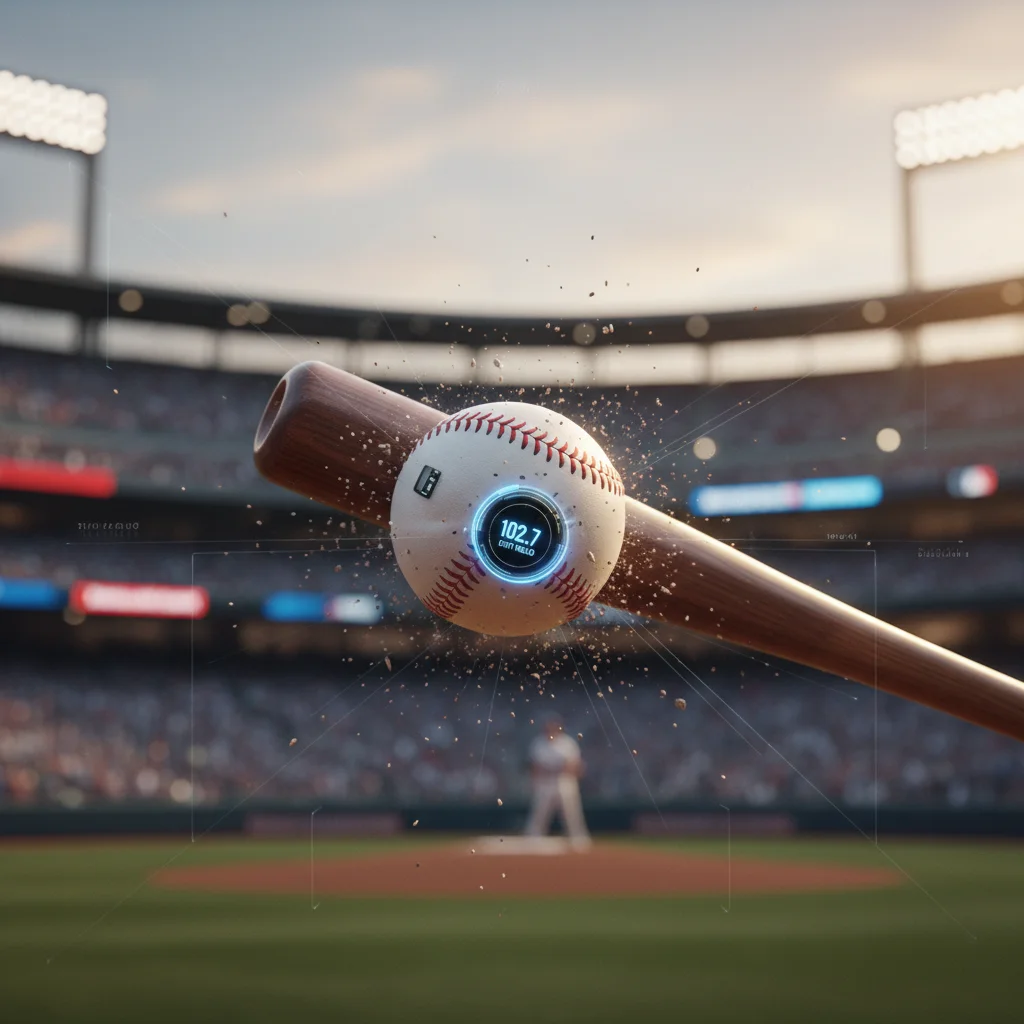 Baseball bat hitting ball with advanced hitting metrics analysis