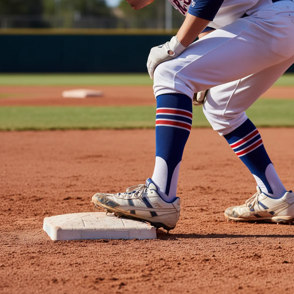 Baseball player demonstrating proper lead-off technique from first base
