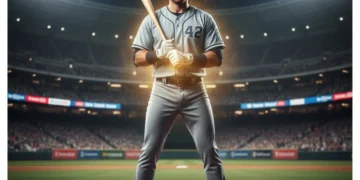 Baseball player exuding confidence at home plate under stadium lights.