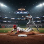 Baseball player sliding into second base during a tense playoff game