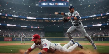 Baseball player sliding into second base during a tense playoff game
