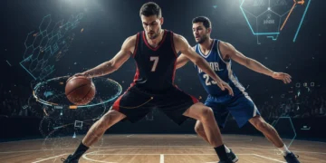 Basketball player with data overlays representing advanced statistics