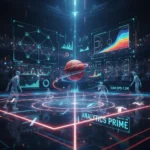 Basketball court with data overlays showing analytics in action