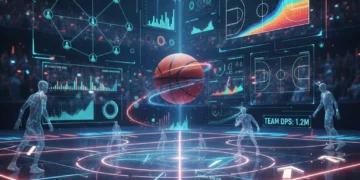 Basketball court with data overlays showing analytics in action