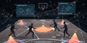 Basketball court with overlaid shot analytics showing efficiency zones.