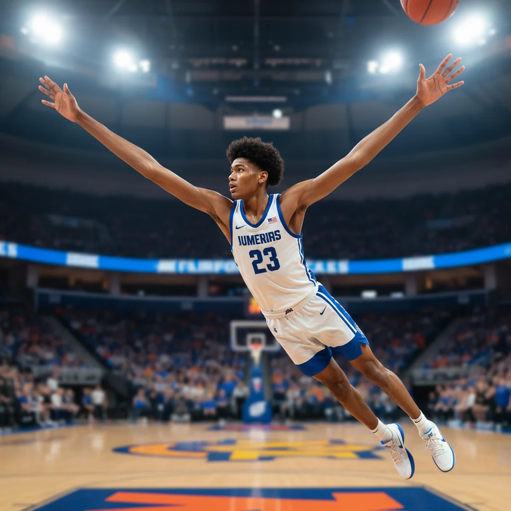 Tall basketball prospect leaping to block a shot, demonstrating defensive potential.