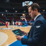Basketball Coaching Revolution: Data Analytics & Key Metrics Basketball coach analyzing data on a tablet, revolutionizing coaching strategies.