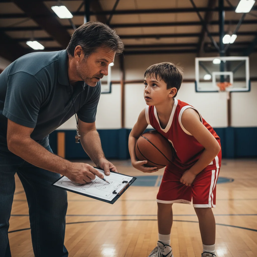 Basketball coach mentoring young player on skill development