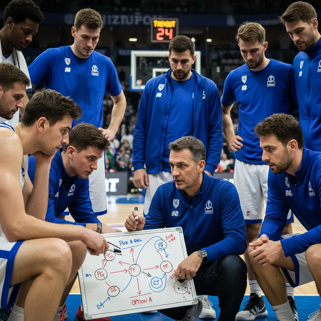 Basketball coach drawing offensive plays on a whiteboard