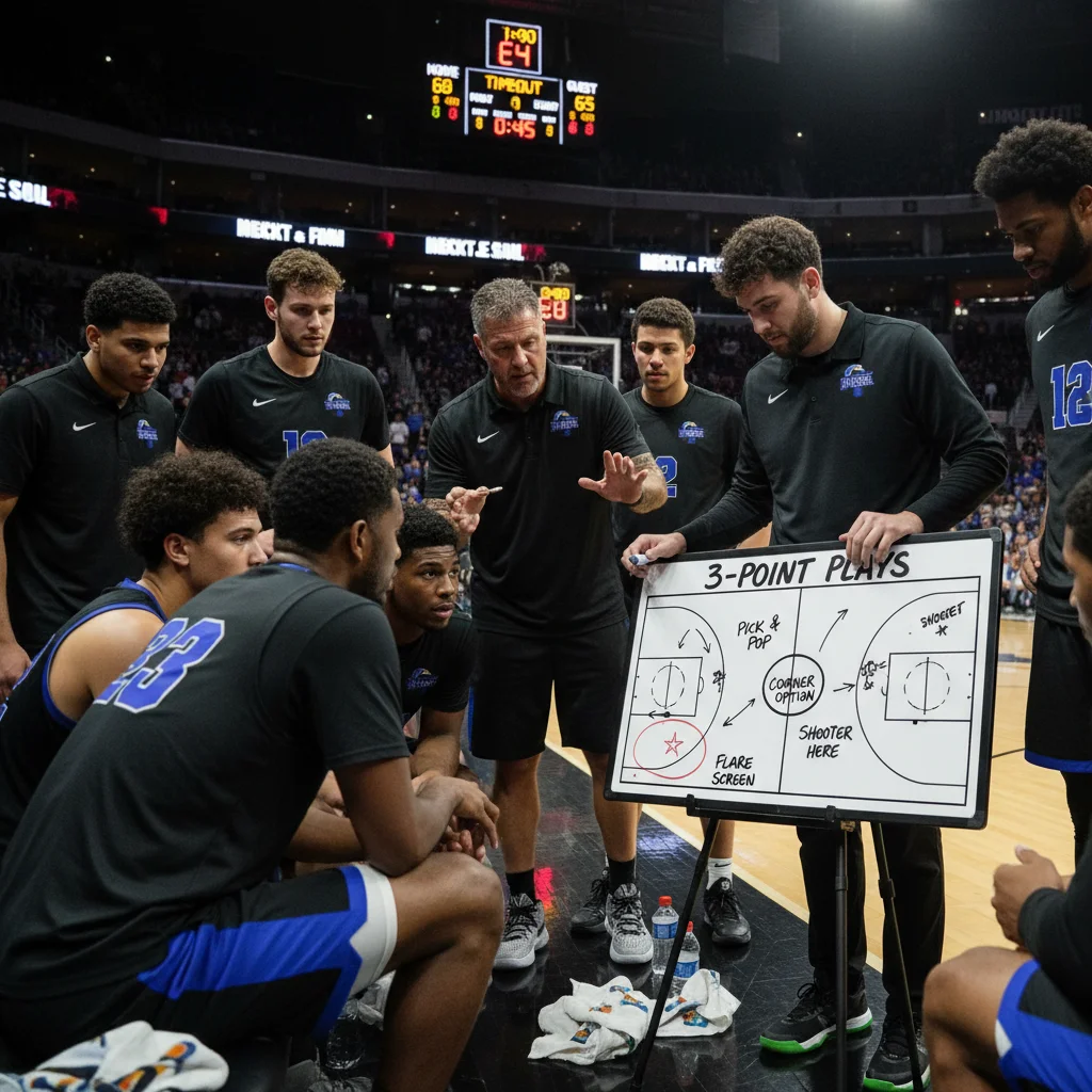 Basketball coach strategizing three-point plays on whiteboard