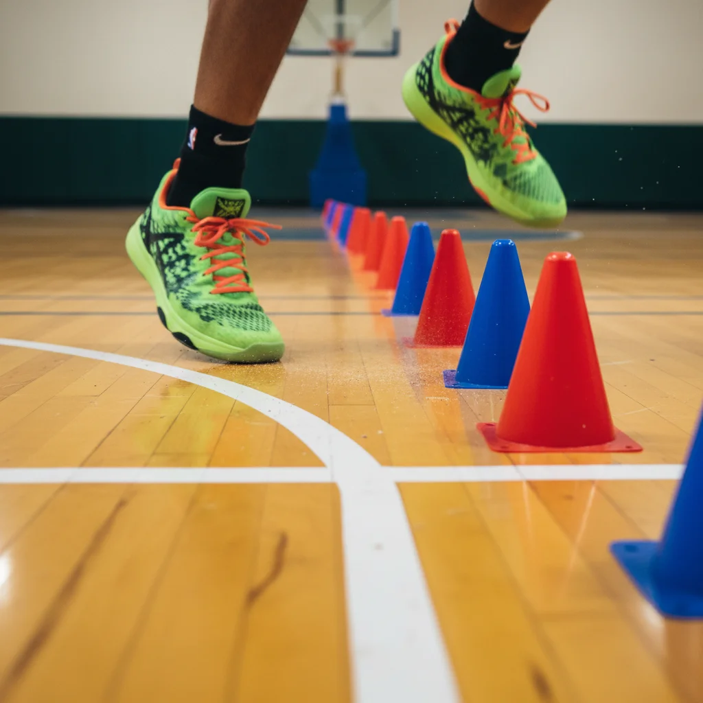 Basketball player's feet performing rapid, precise movements during a cone drill.