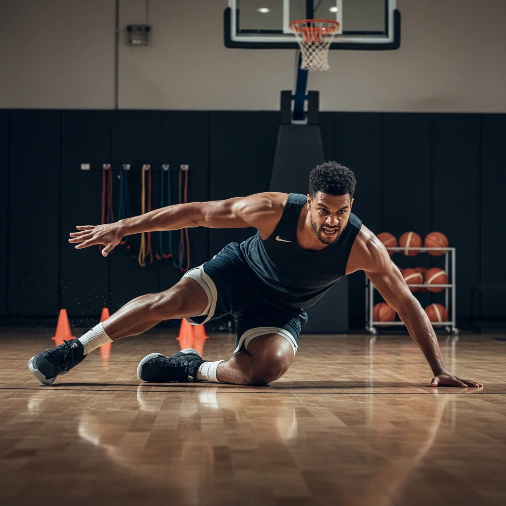 Basketball player exploding from a defensive slide, showcasing lateral quickness.