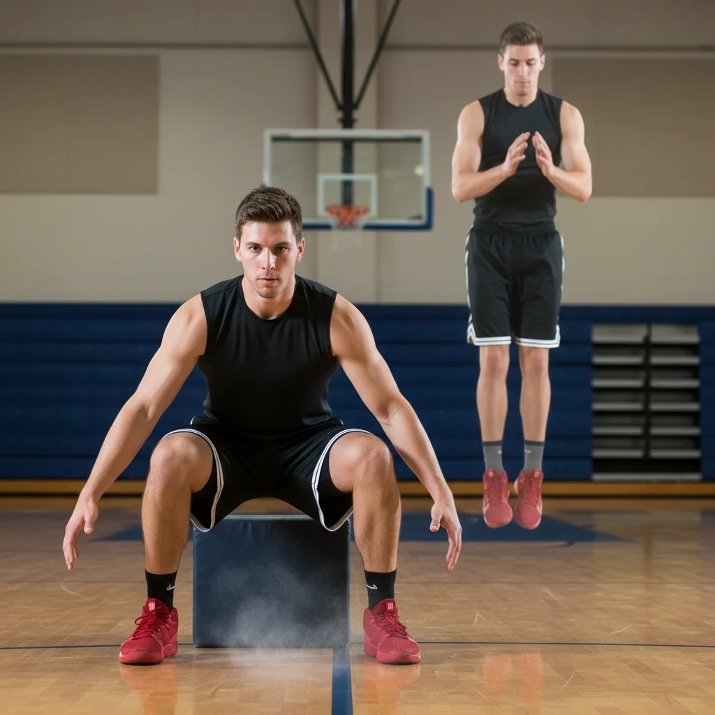 Basketball player performing a depth jump for enhanced reactive strength