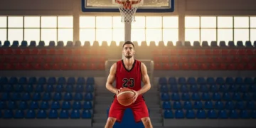 Basketball player focused on shooting a free throw
