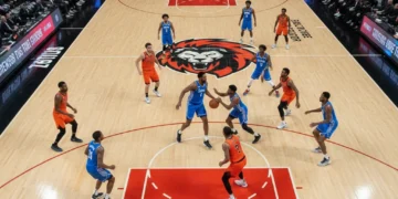 Overhead view of a basketball game showcasing offensive strategy