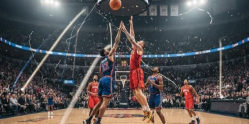Professional basketball players actively competing on court during a fast-paced game.