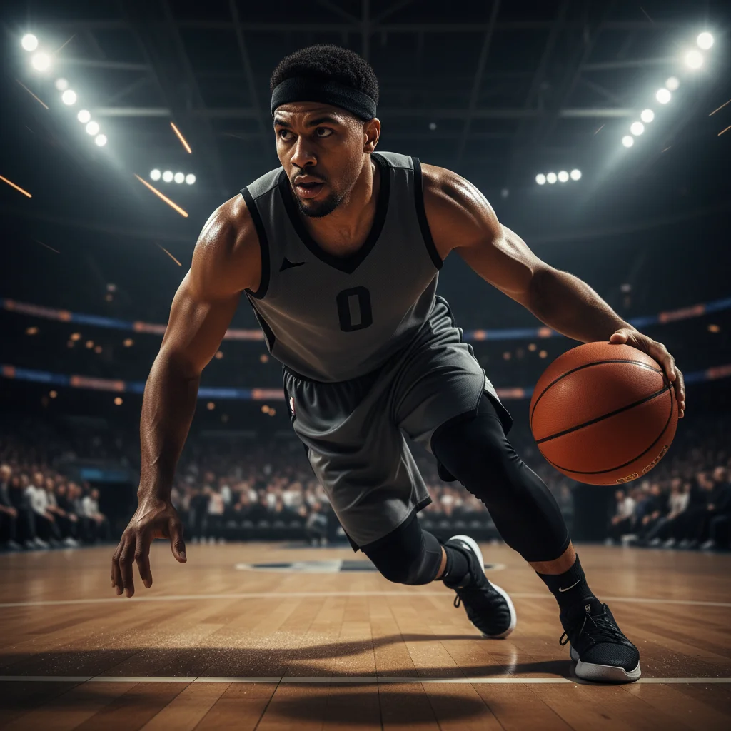 Basketball player dribbling with intense focus, symbolizing an athlete's dedication and drive.