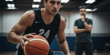 Basketball player focused on skill development during training