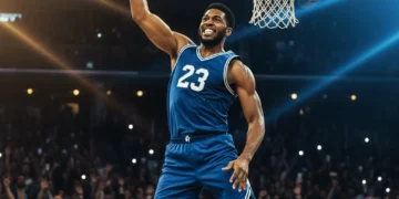 Basketball player soaring for a dunk, demonstrating an impressive vertical leap