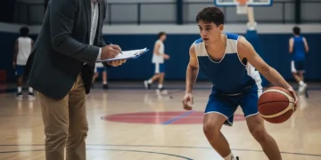 Basketball scout observing young player's potential on court
