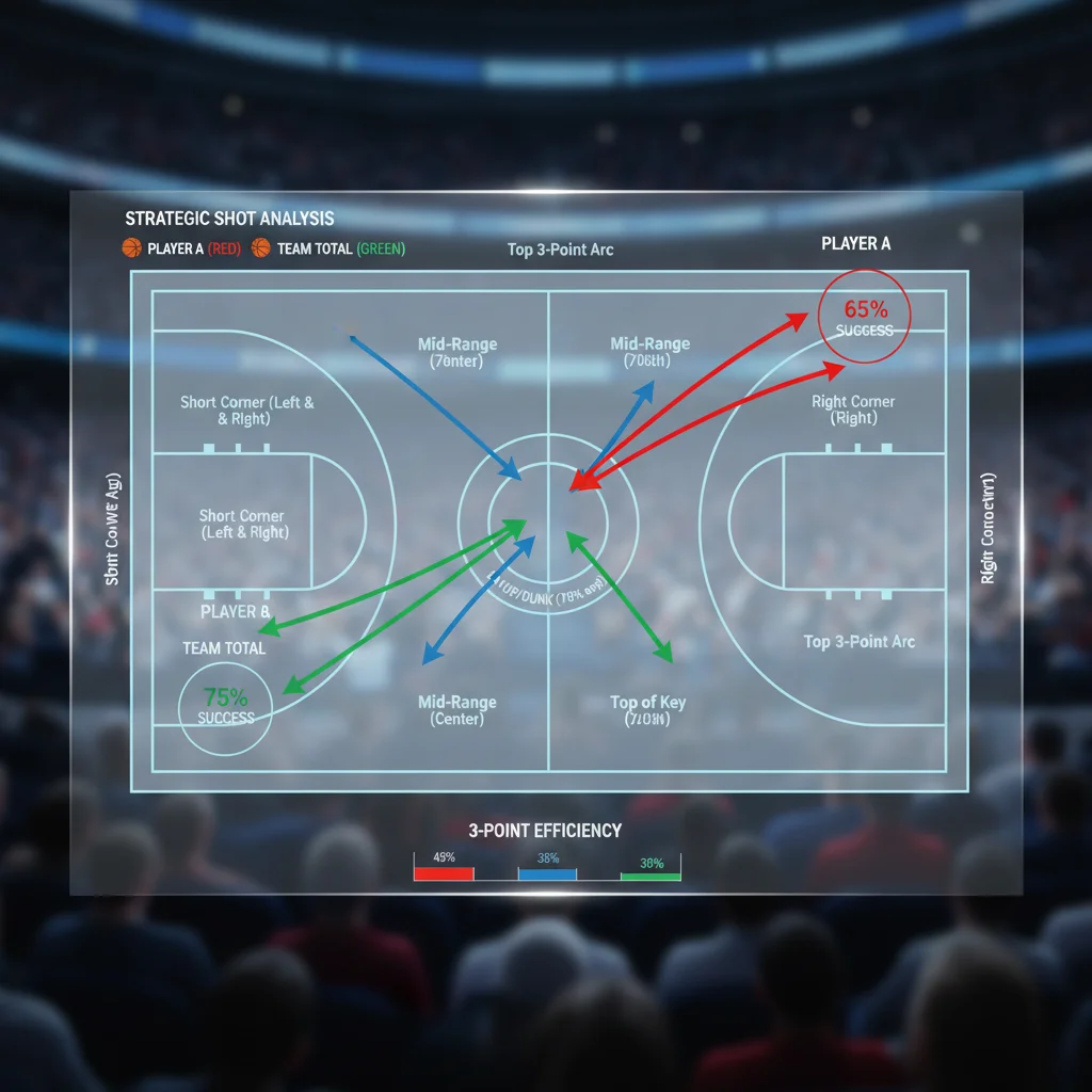 Infographic visualizing basketball shot zones and success rates for strategic analysis.