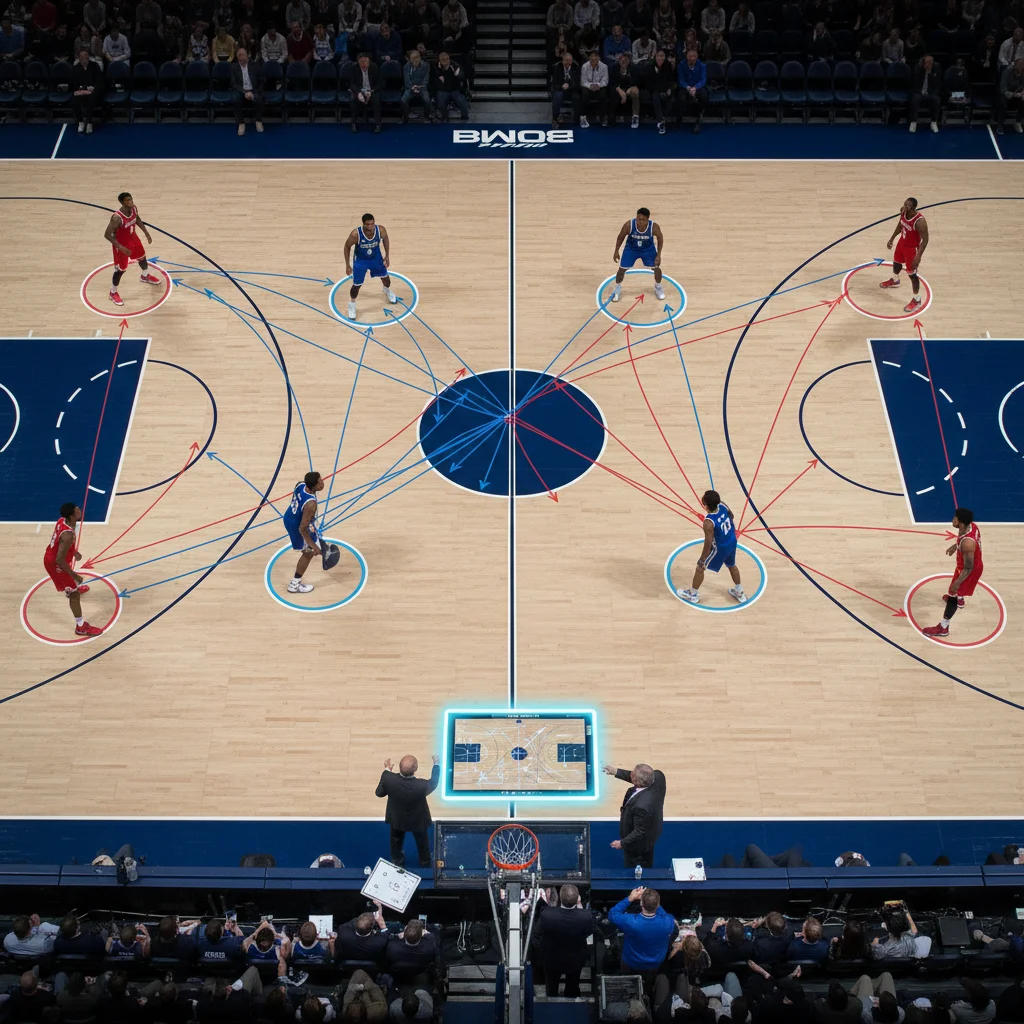 Basketball coaches drawing up plays on a whiteboard during a strategic timeout.