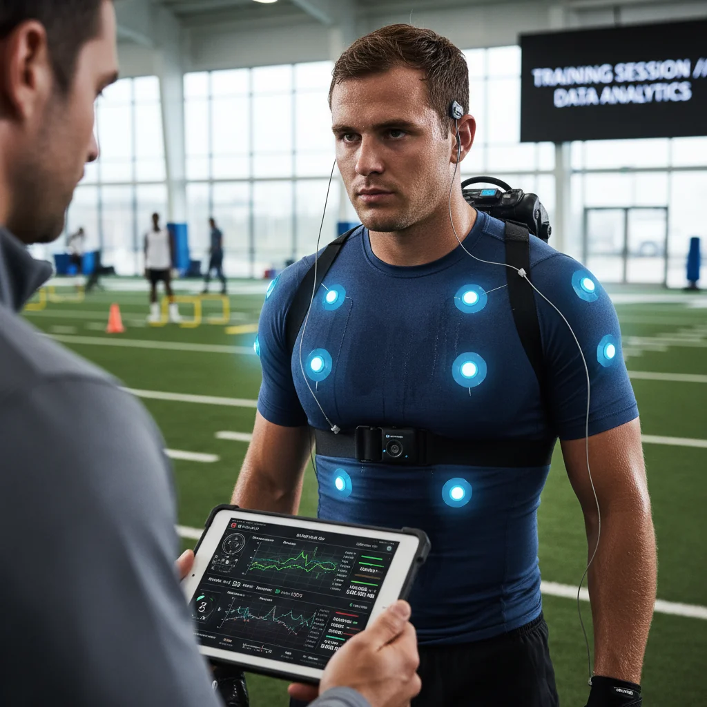 Football player with biometric sensors during training, coach reviewing data.
