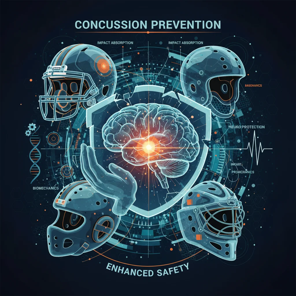 Diagram illustrating brain vulnerability and protective sports gear for concussion prevention.