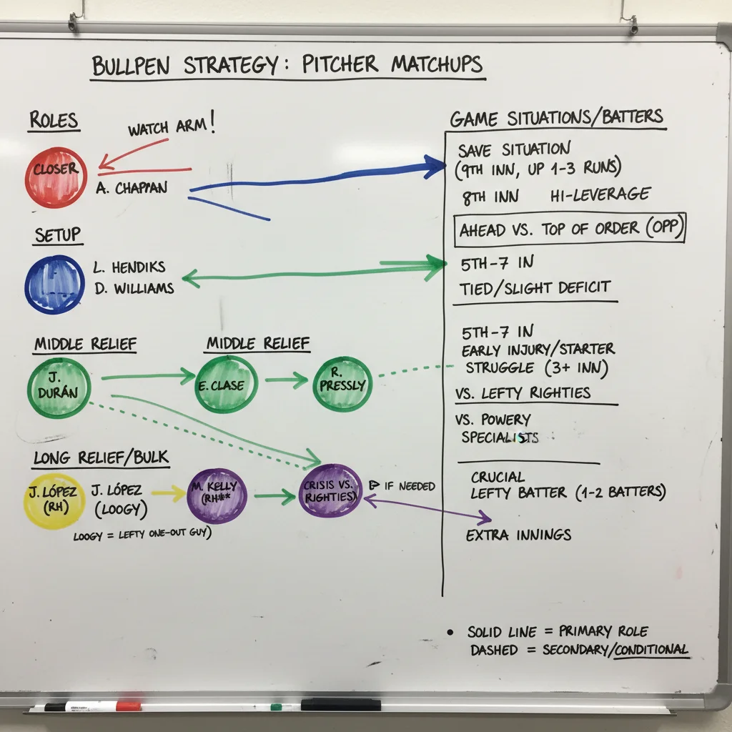 Bullpen deployment strategy board with pitcher roles and matchups
