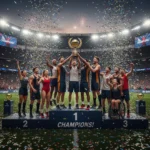 Roster Construction Strategies: Building a Championship Team Athletes celebrating a championship victory with a trophy and confetti.