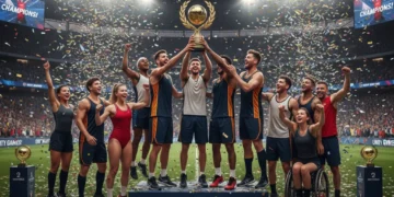 Athletes celebrating a championship victory with a trophy and confetti.