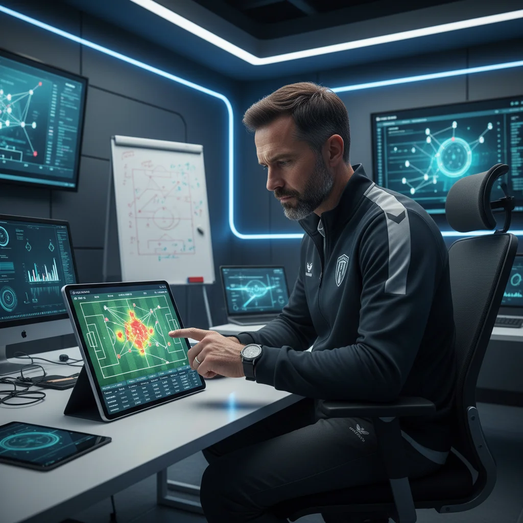 Football coach analyzing player performance data on a tablet