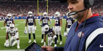 Football coach making a crucial fourth-down decision on the sidelines during a game.