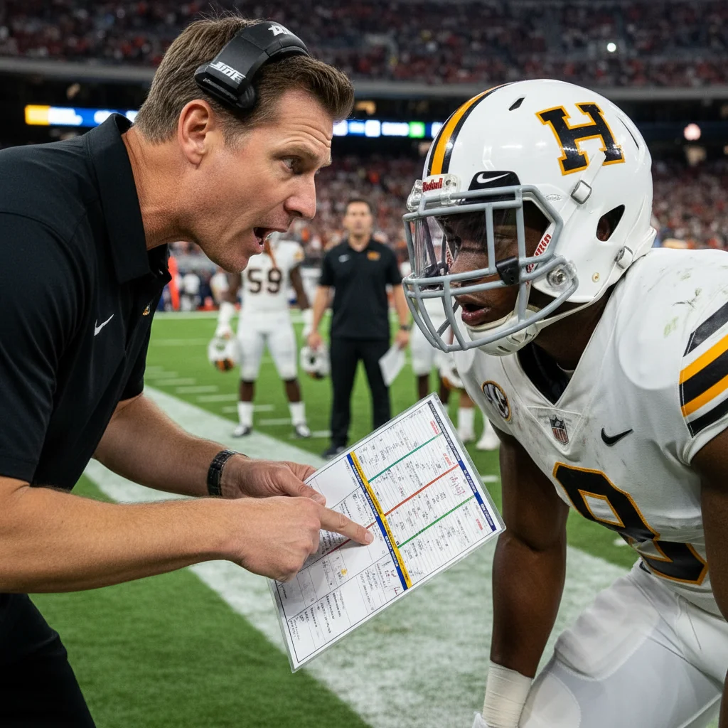 Football coach discussing offensive strategy adjustments during game