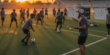 Coach explaining new offensive strategies to a sports team on the field.