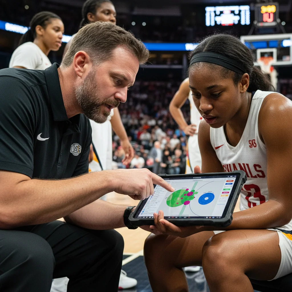 Coach and player analyzing game statistics on a tablet during a timeout.