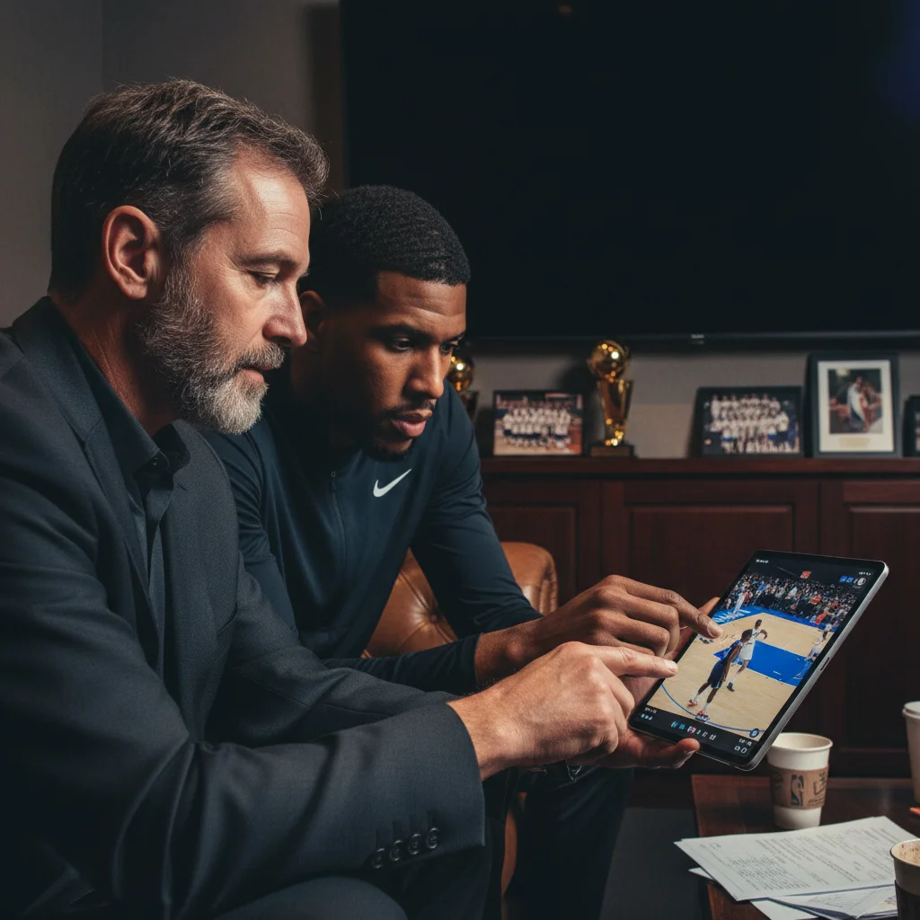 Coach and NBA player reviewing game footage, strategic discussion