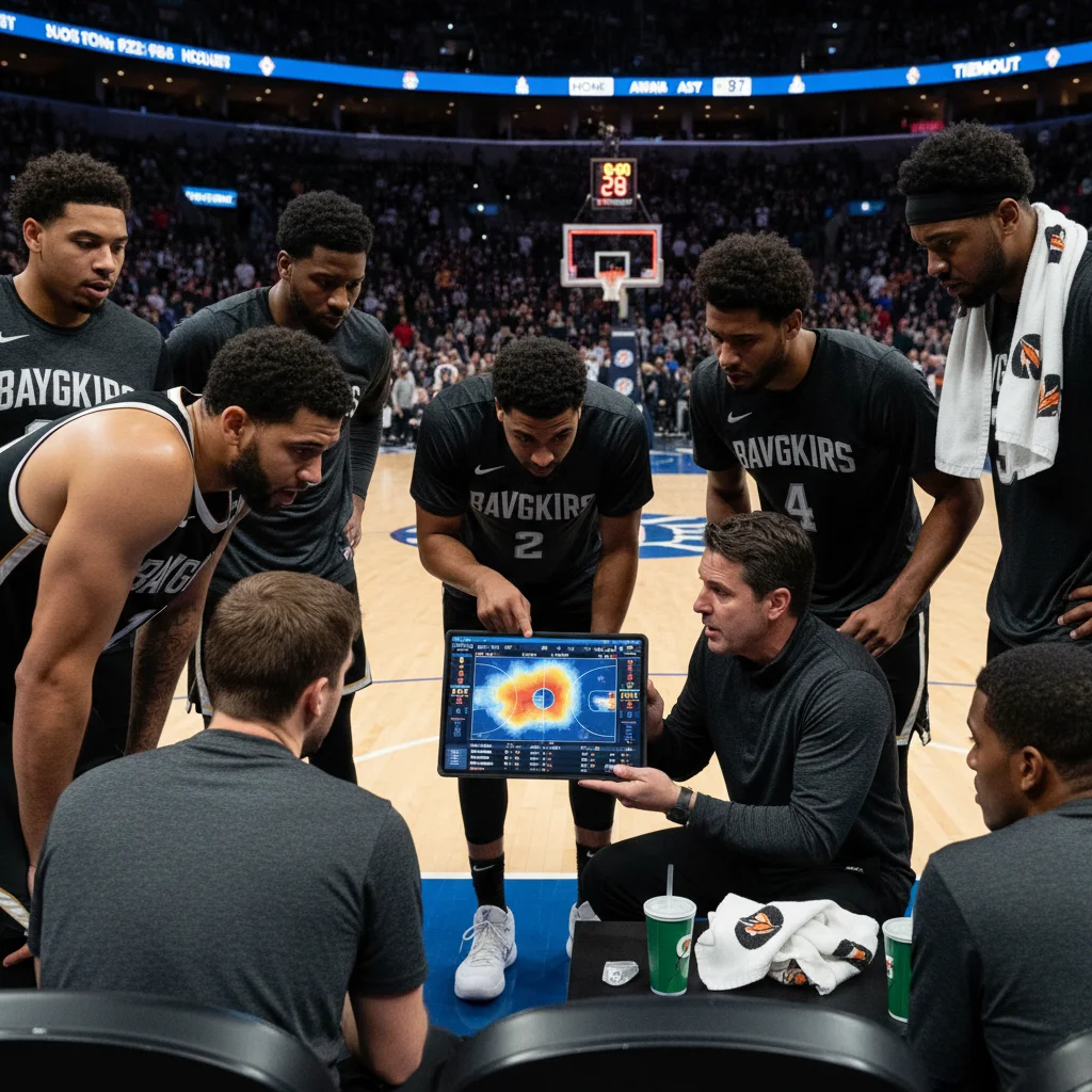 NBA coach and players reviewing game analytics on a tablet