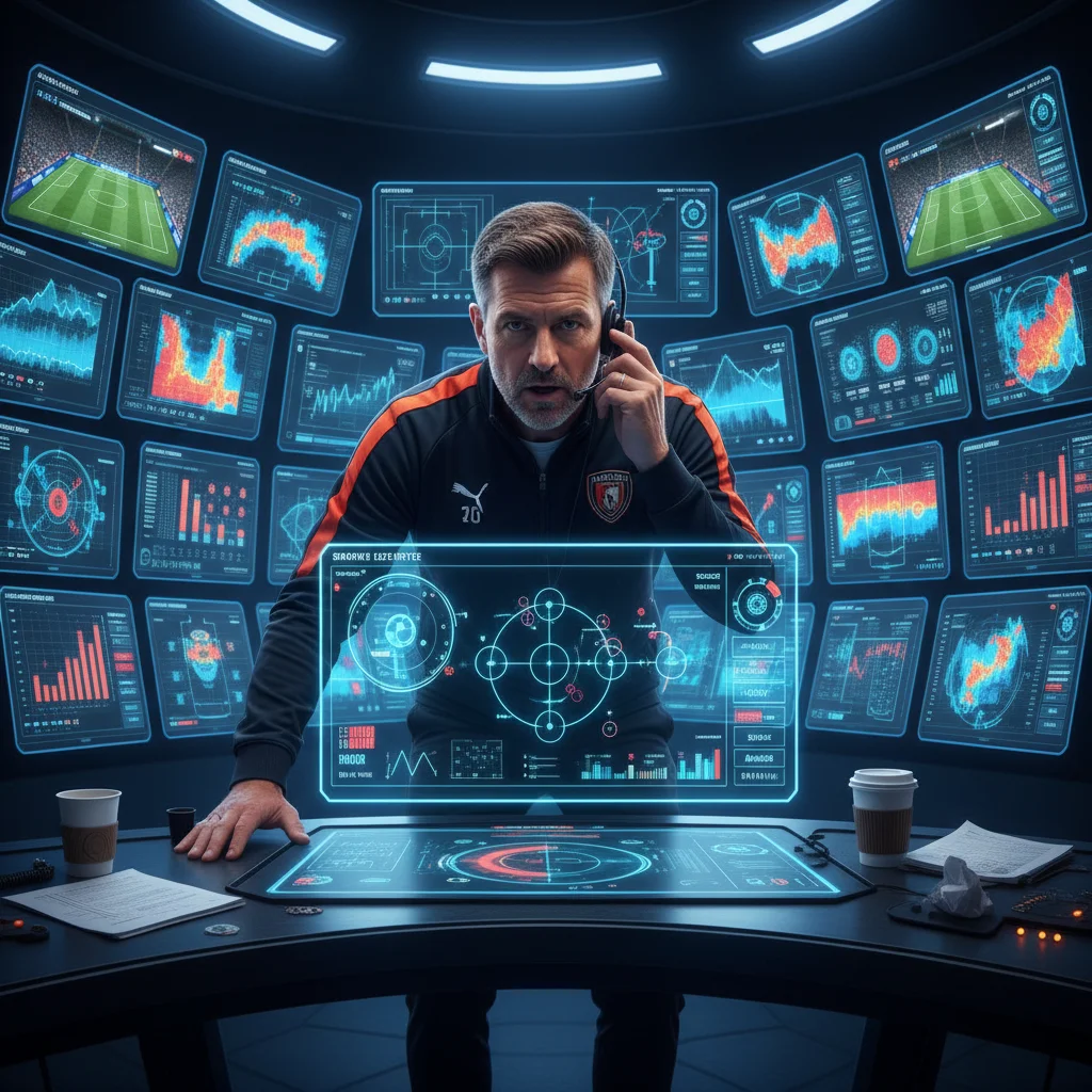 Football coach analyzing real-time data for tactical adjustments during a match.